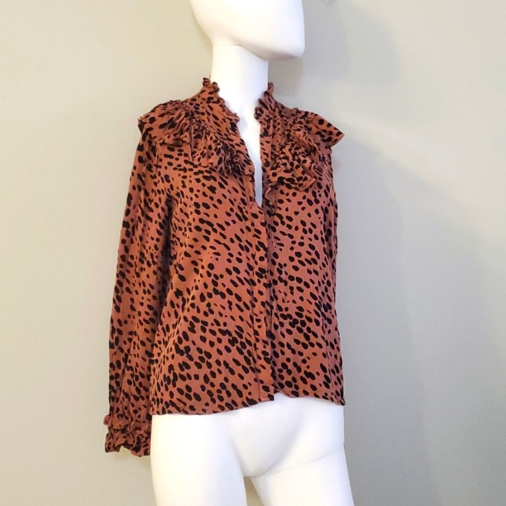 Zara leopard print long sleeve blouse, deep coral and black, M